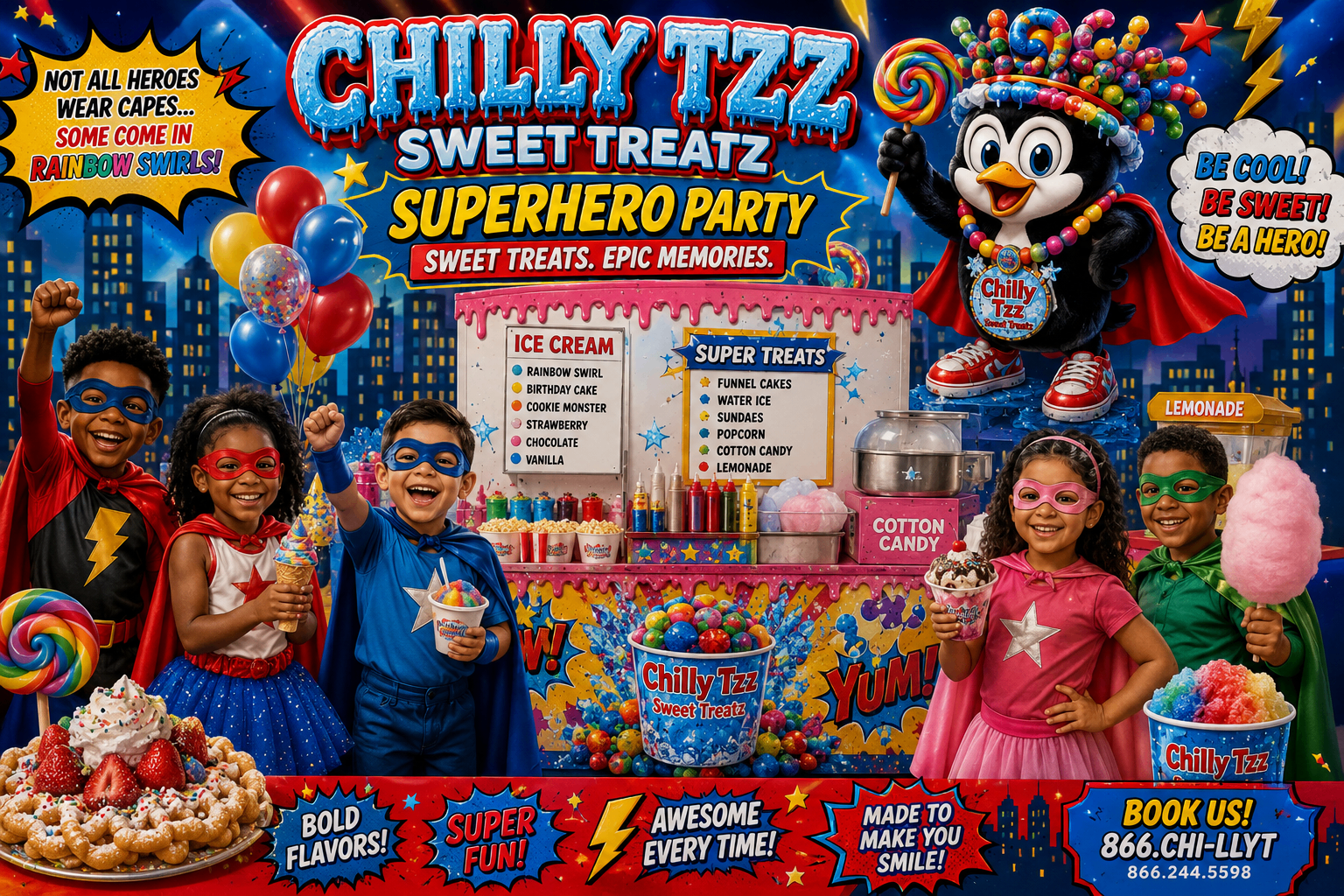 Chilly Tzz Superhero Party — kids in superhero costumes with funnel cakes, ice cream, cotton candy, and carnival treats